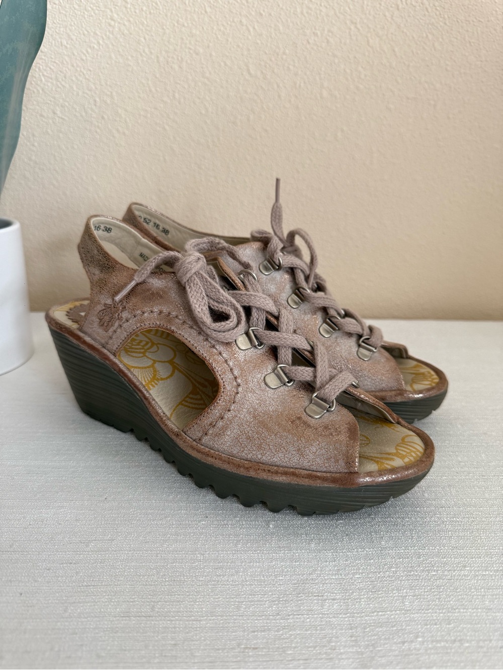 FLY London Women's Taupe Foil Leather Lace-Up Wedge Sandals